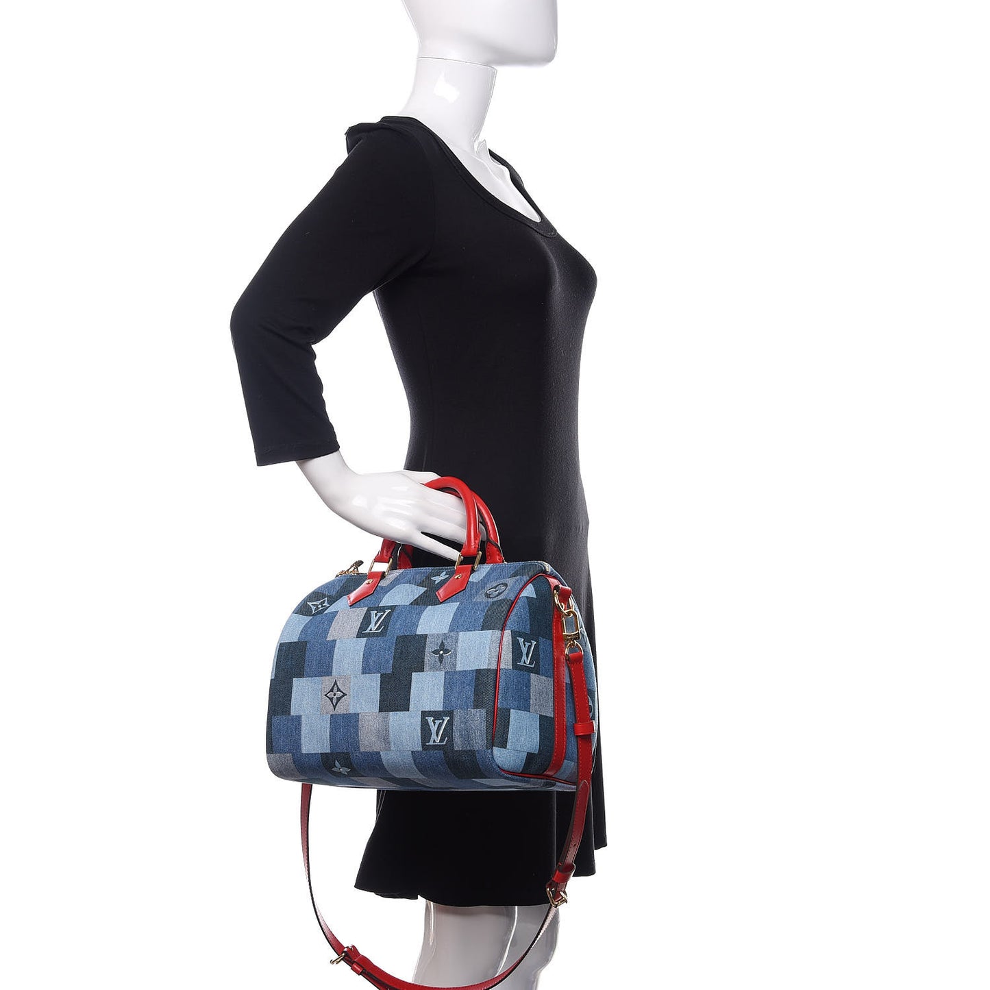 Denim Damier Monogram Patchwork Speedy Bandouliere 30 Blue Rouge