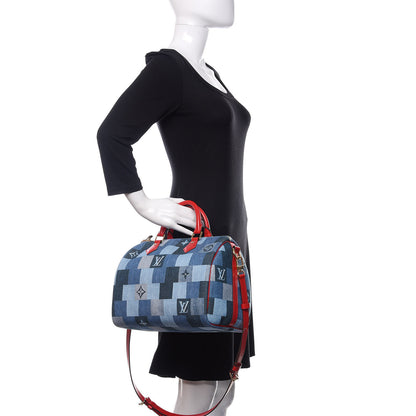 Louis Vuitton Denim Damier Monogram Patchwork Speedy Bandouliere 30 Blue Rouge 3 of 12