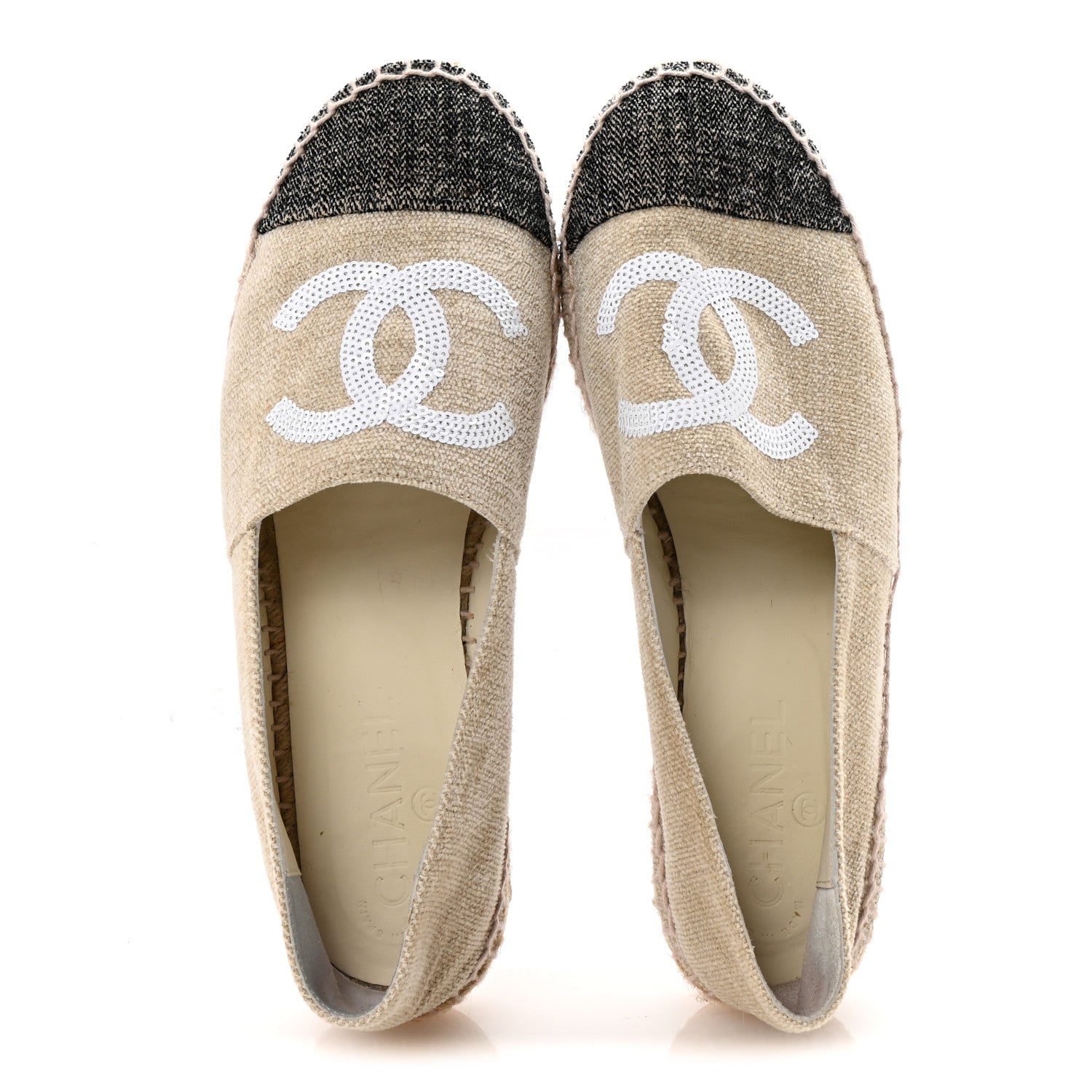 Chanel Toile Sequin CC Espadrilles 39 Beige Black 2 of 10