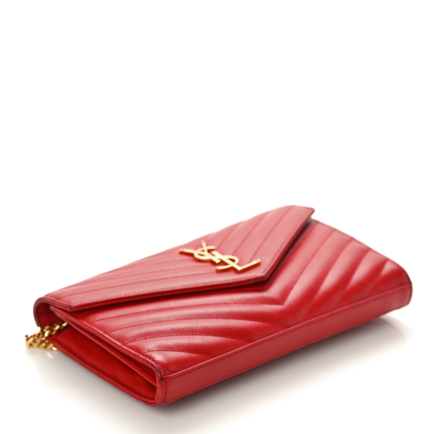 Saint Laurent Grain De Poudre Matelasse Chevron Monogram Chain Wallet Red 4 of 13