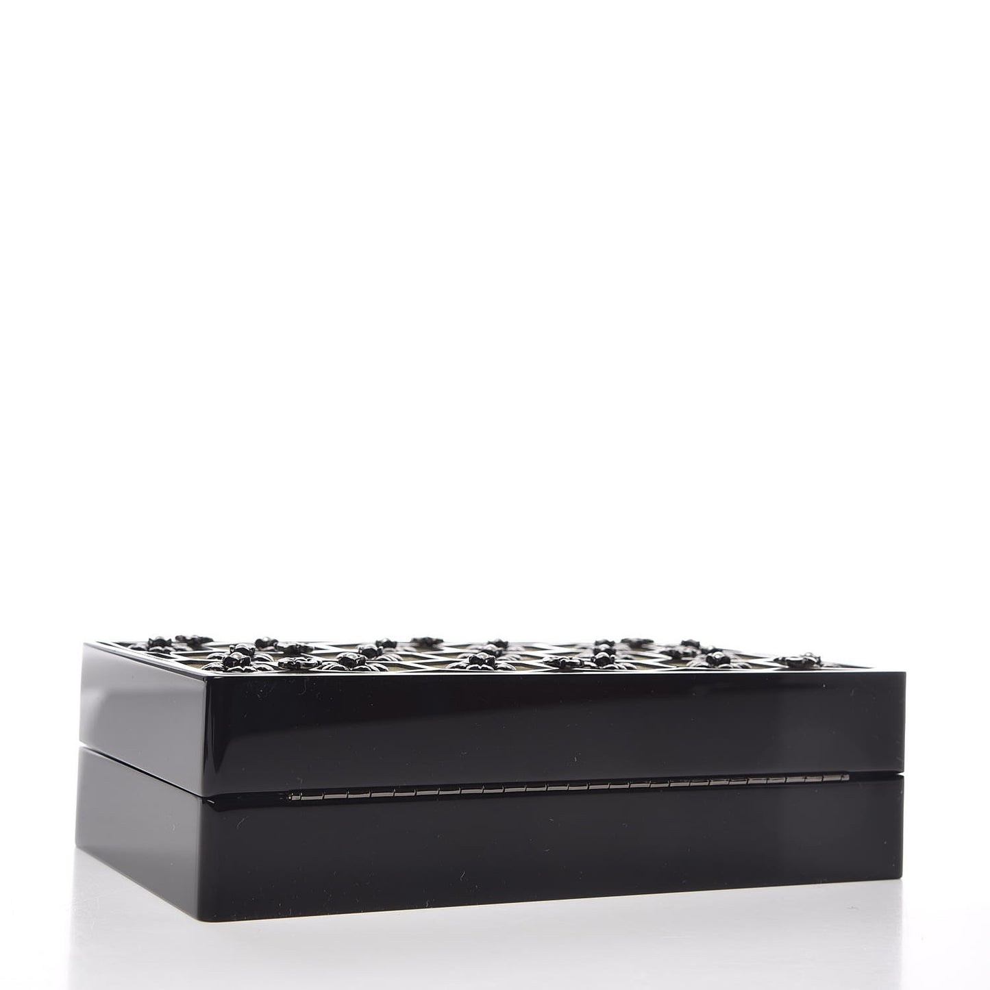 Plexiglass Brass Camelia Minaudiere Clutch Black