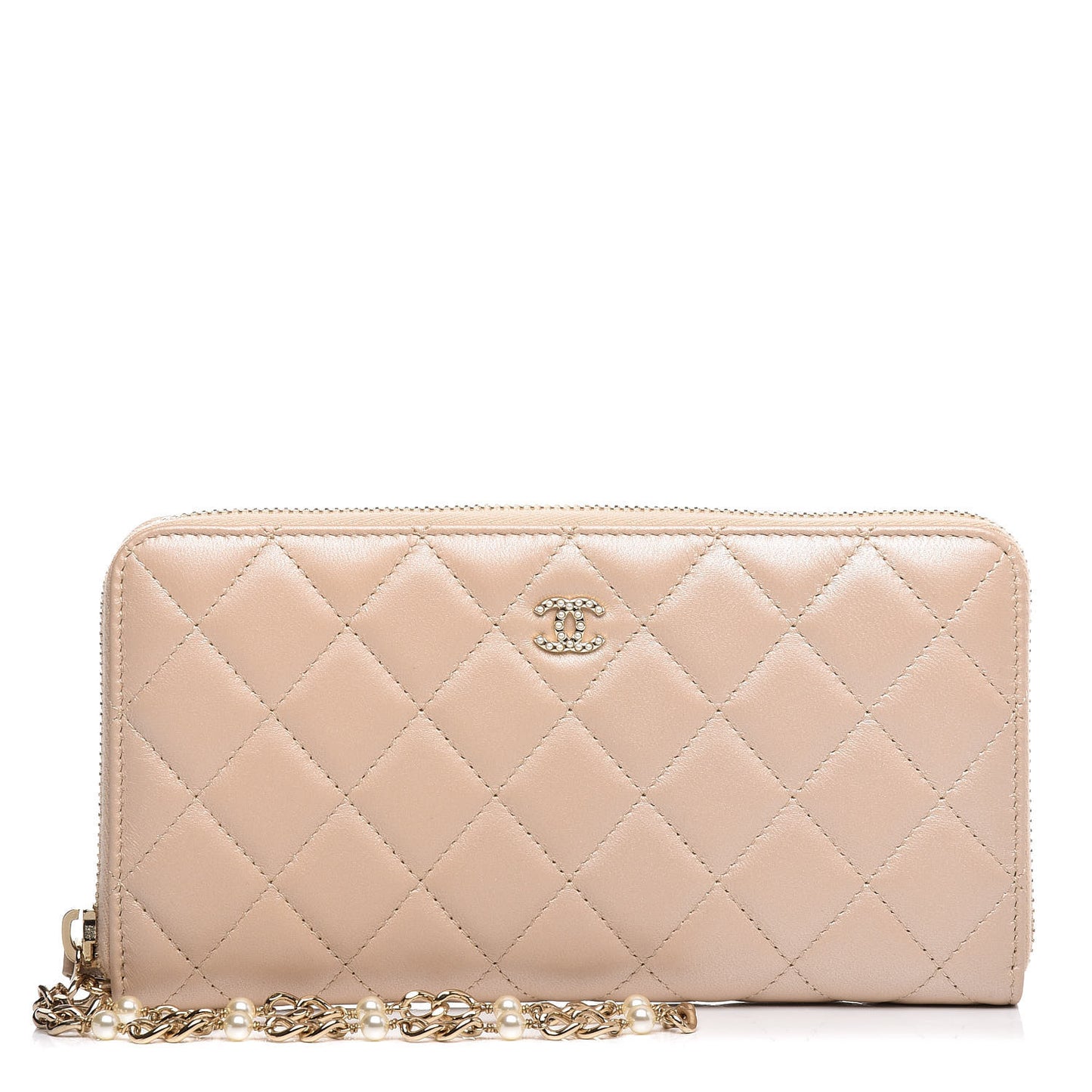 Lambskin Zip Around Large Gusset Wallet With Pearl Chain Light Beige