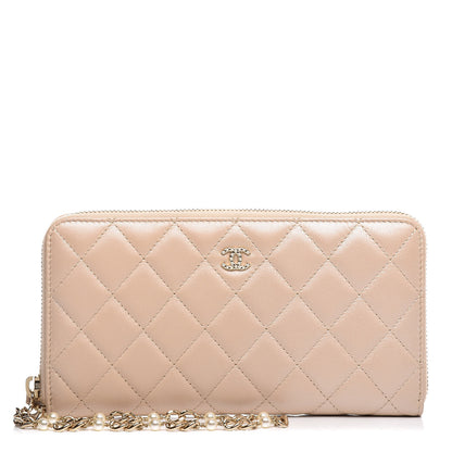 Chanel Lambskin Zip Around Large Gusset Wallet With Pearl Chain Light Beige 1 of 8