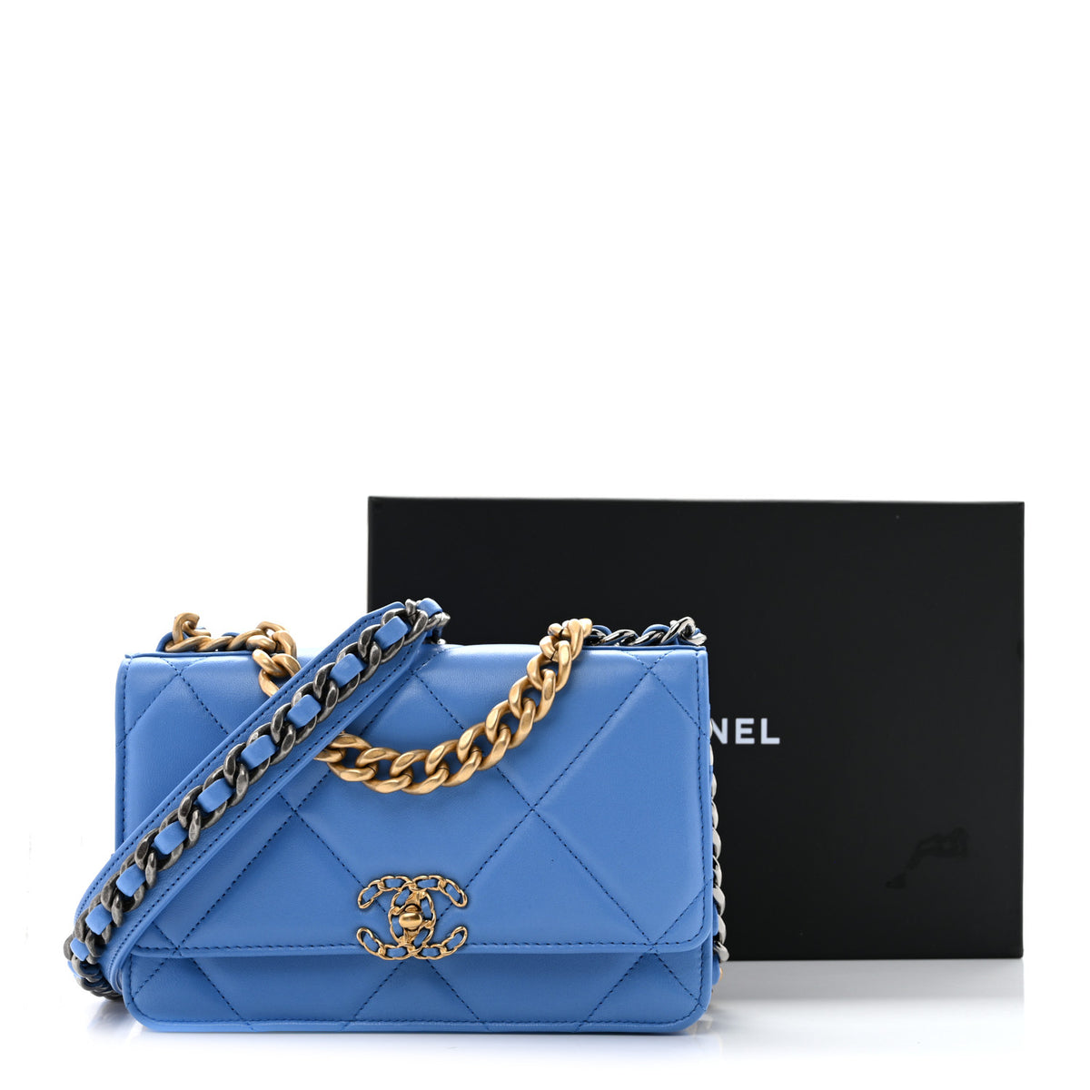 Chanel Lambskin Quilted Chanel 19 Wallet On Chain WOC Blue 15 of 15