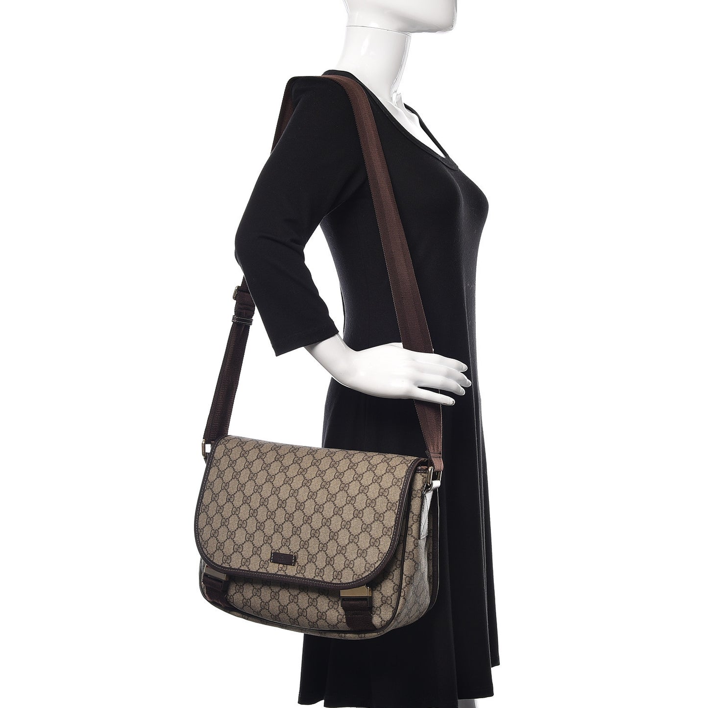 GG Plus Monogram Medium Double Buckle Flap Messenger Bag Beige Dark Brown