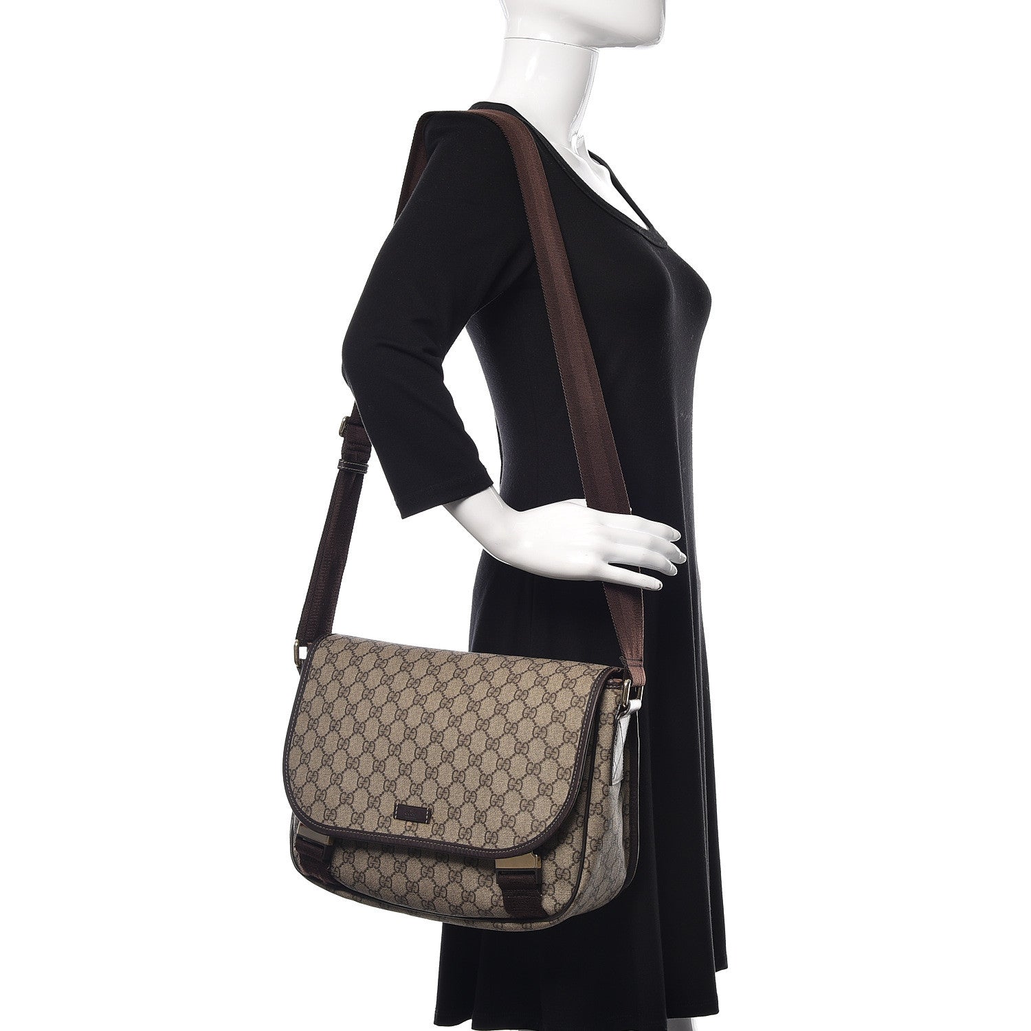 Gucci GG Plus Monogram Medium Double Buckle Flap Messenger Bag Beige Dark Brown 2 of 19