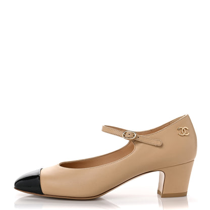Chanel Patent Lambskin Cap Toe Mary Jane Mid Heel Strap Pumps 38 Beige Black 1 of 8