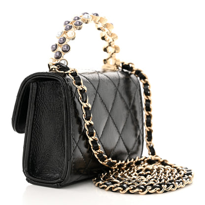 Chanel Shiny Crumpled Lambskin Quilted Pearl Small Top Handle Clutch With Chain Black 3 of 12