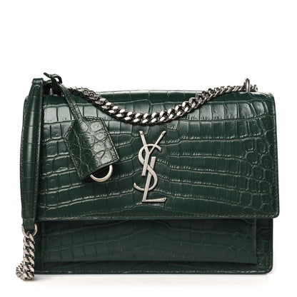 Saint Laurent Calfskin Crocodile Embossed Medium Monogram Sunset Dark Green 1 of 9
