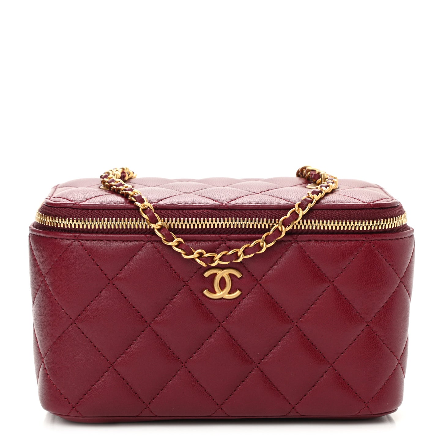 Lambskin Quilted Small Vanity Case With Chain Dark Red