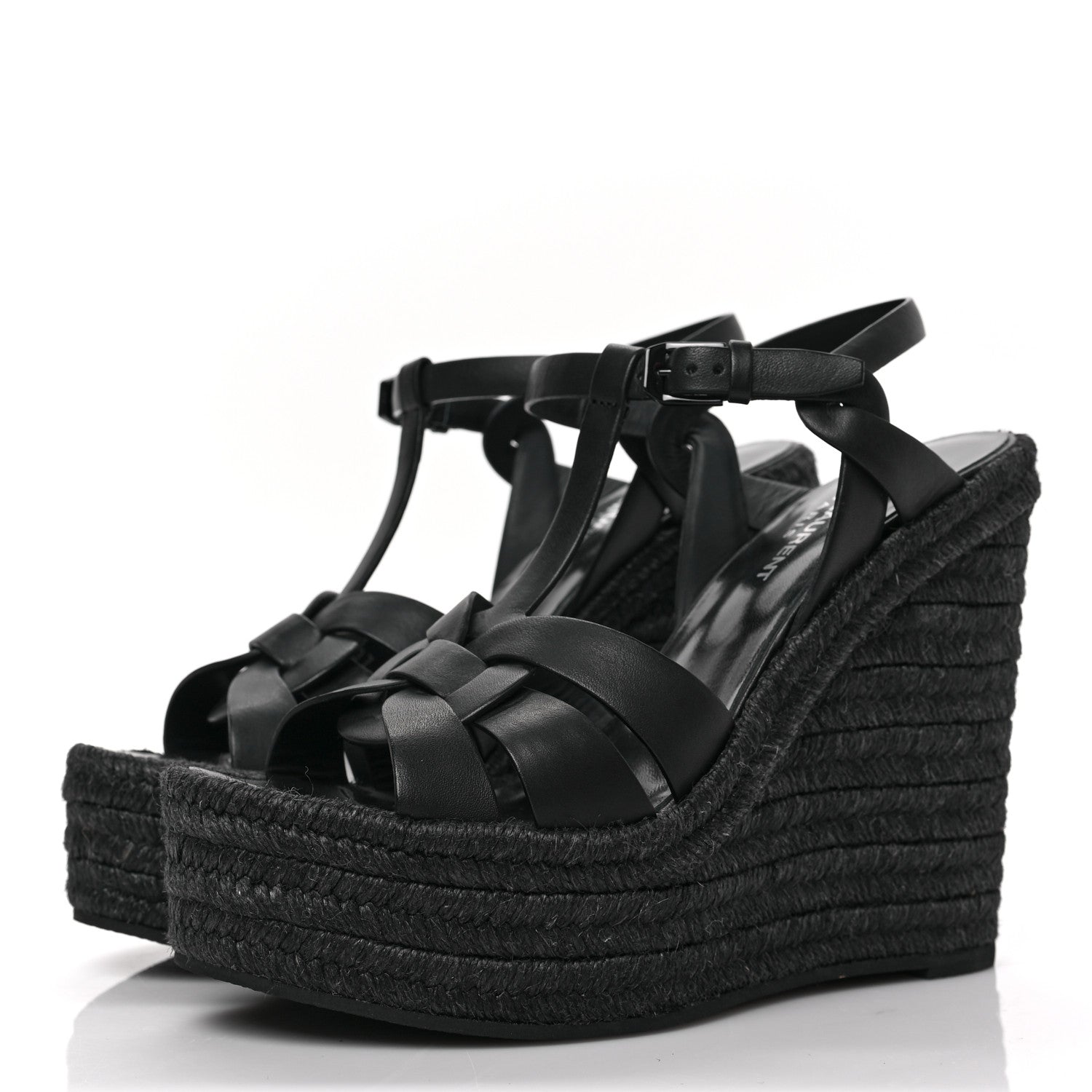 Saint Laurent Calfskin Tribute 95 Platform Espadrille Wedge Sandals 37 Black 3 of 6