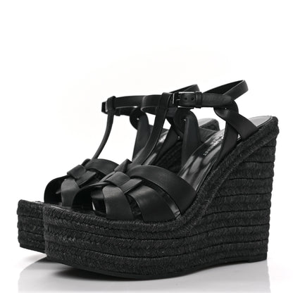 Saint Laurent Calfskin Tribute 95 Platform Espadrille Wedge Sandals 37 Black 3 of 6