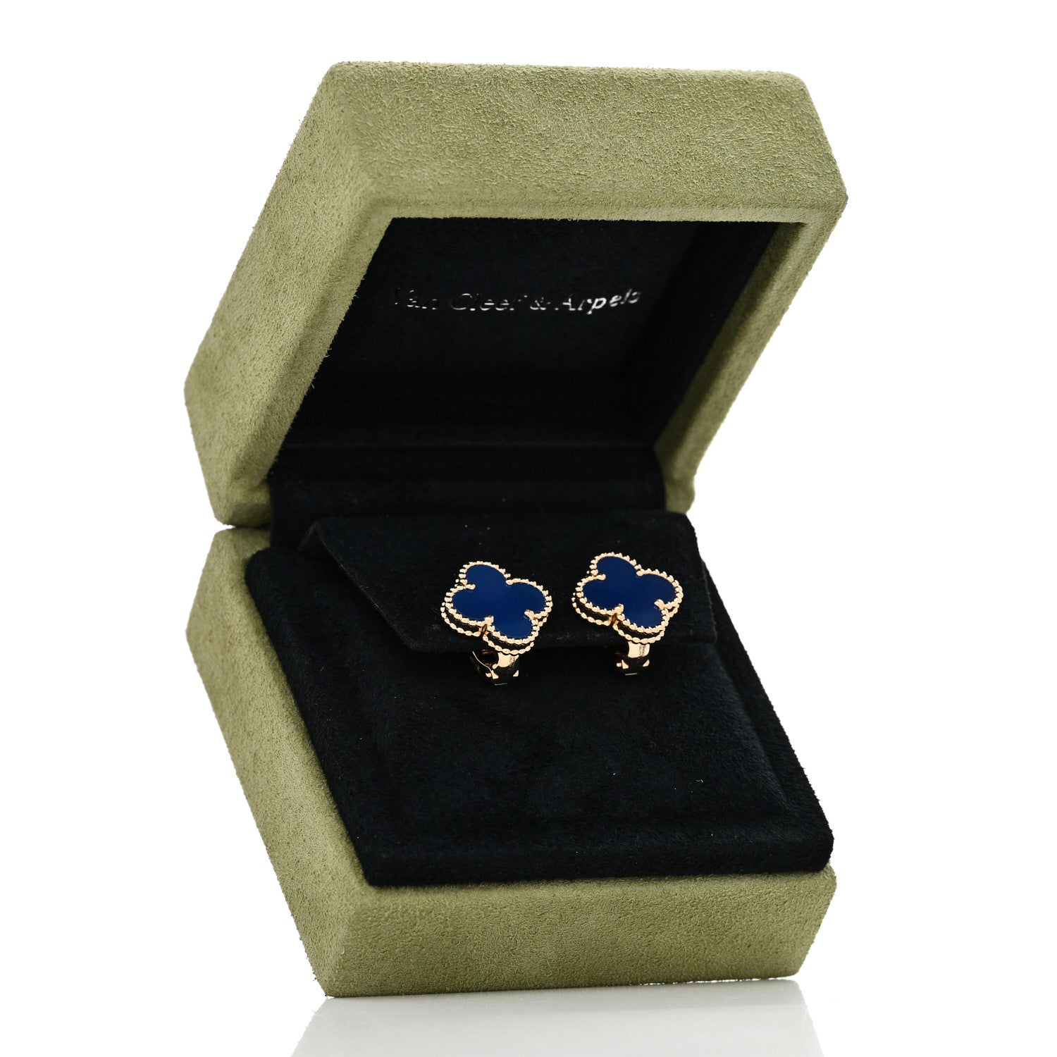 Van Cleef & Arpels 18K Yellow Gold Blue Agate Vintage Alhambra Earrings 5 of 5