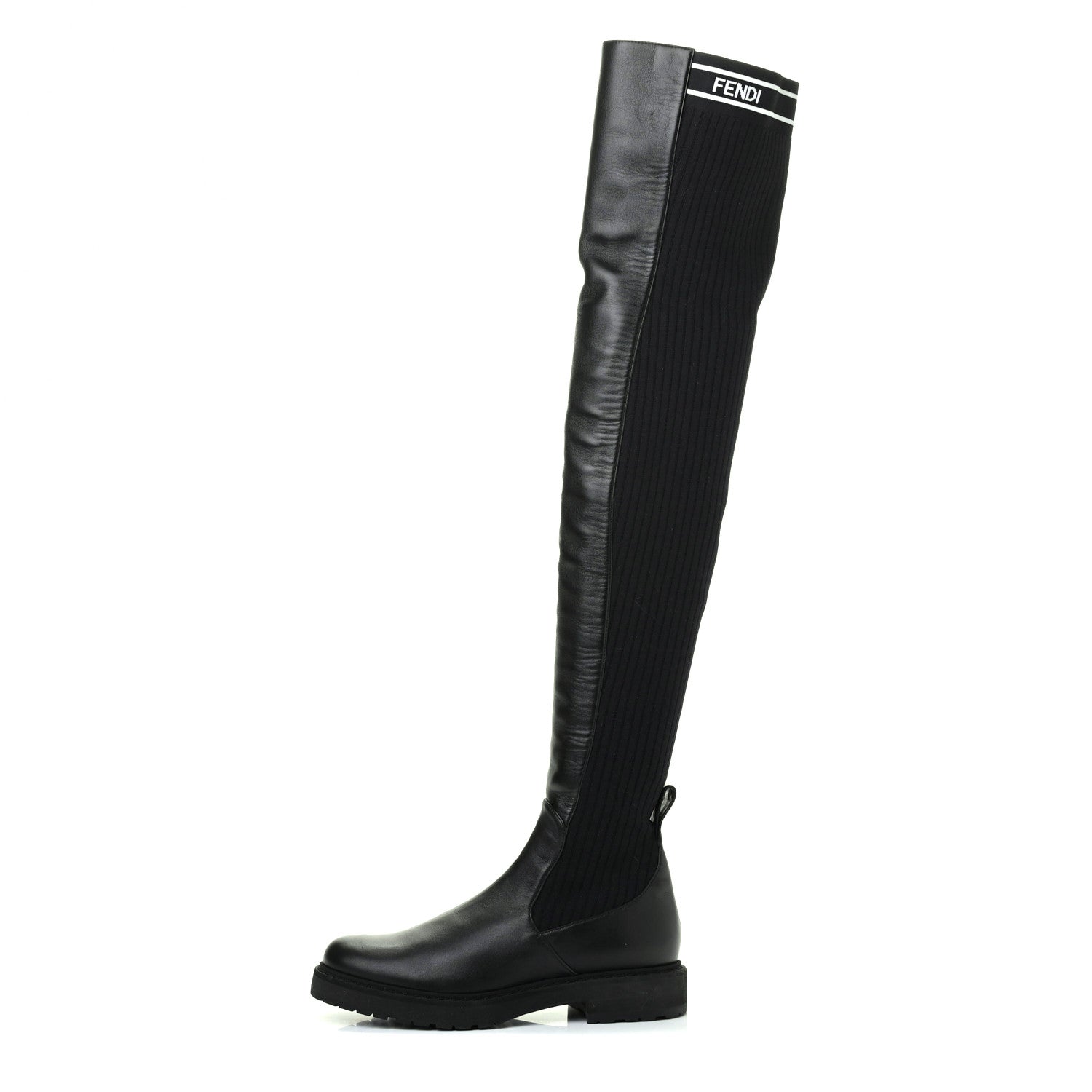 Fendi Nappa Stretch Fabric Logo Rockoko Thigh High Boots 36 Black White 1 of 7