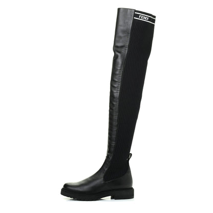 Fendi Nappa Stretch Fabric Logo Rockoko Thigh High Boots 36 Black White 1 of 7