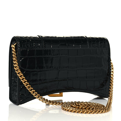 Balenciaga Shiny Calfskin Crocodile Embossed Hourglass Chain Bag Black 2 of 11