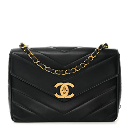 Chanel Lambskin Chevron Quilted Jumbo Single Flap Navy 1 of 11