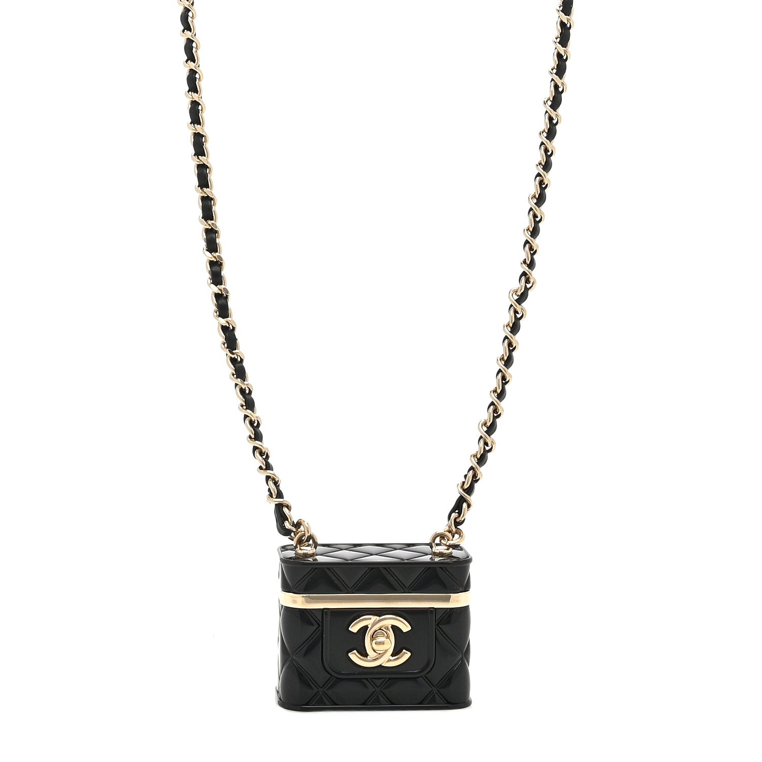 Chanel Metal Resin Calfskin Quilted CC Push Lock Long Necklace Gold Black 1 of 6
