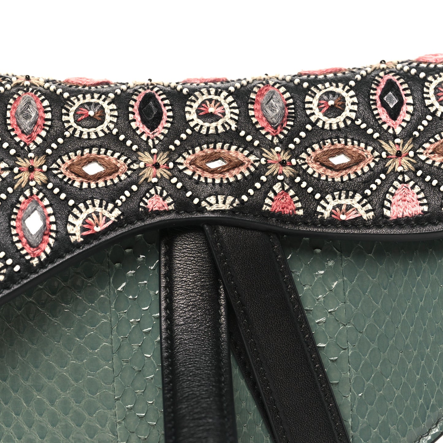 Beaded Calfskin Snakeskin Mini Saddle Bag Green