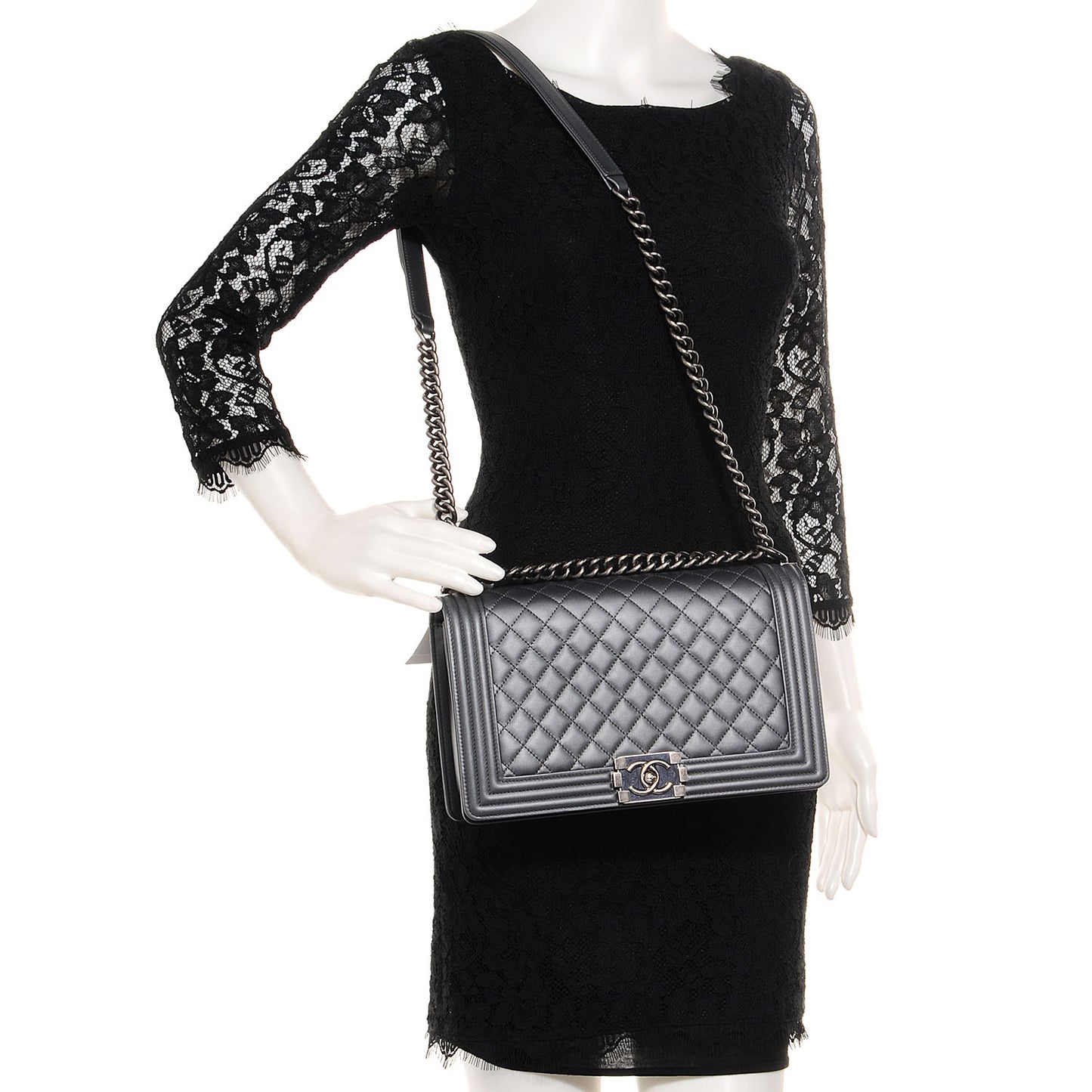 Metallic Calfskin Quilted Medium Boy Flap Dark Silver