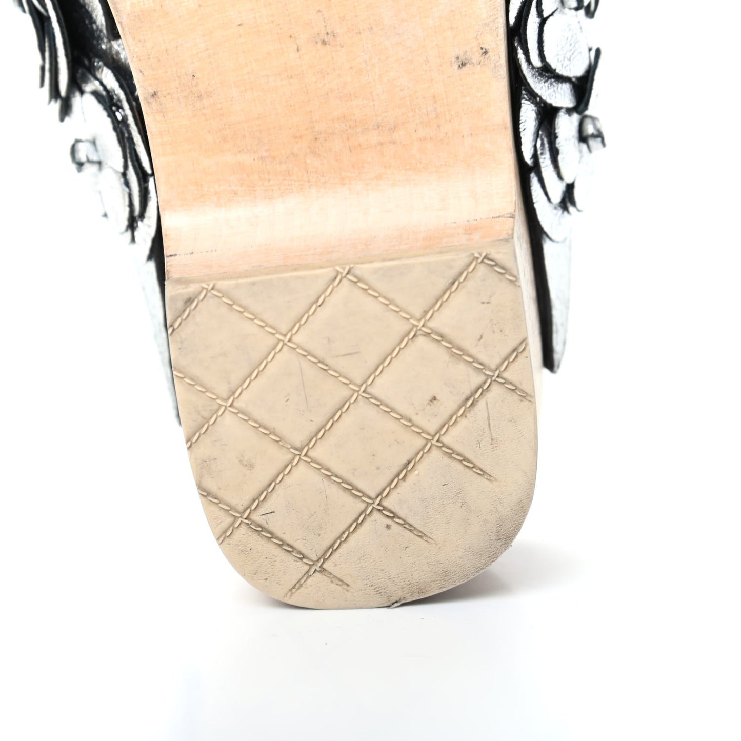 Metallic Crumpled Lambskin Wooden Camellia Mules 37.5 Silver