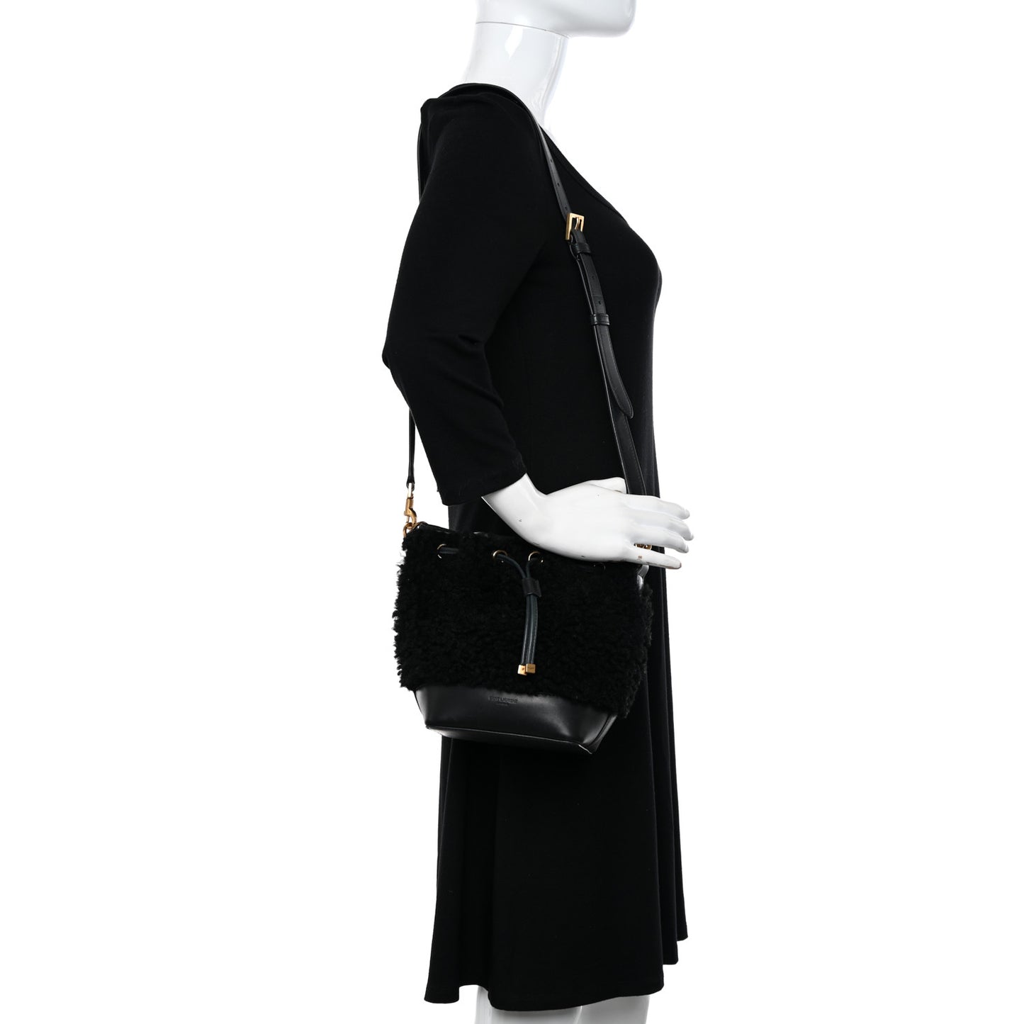 Shearling Calfskin Small Emmanuelle Bucket Bag Black