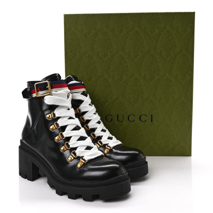 Gucci Calfskin Sylvie Web Lace Up Combat Boots 37.5 Black 8 of 8