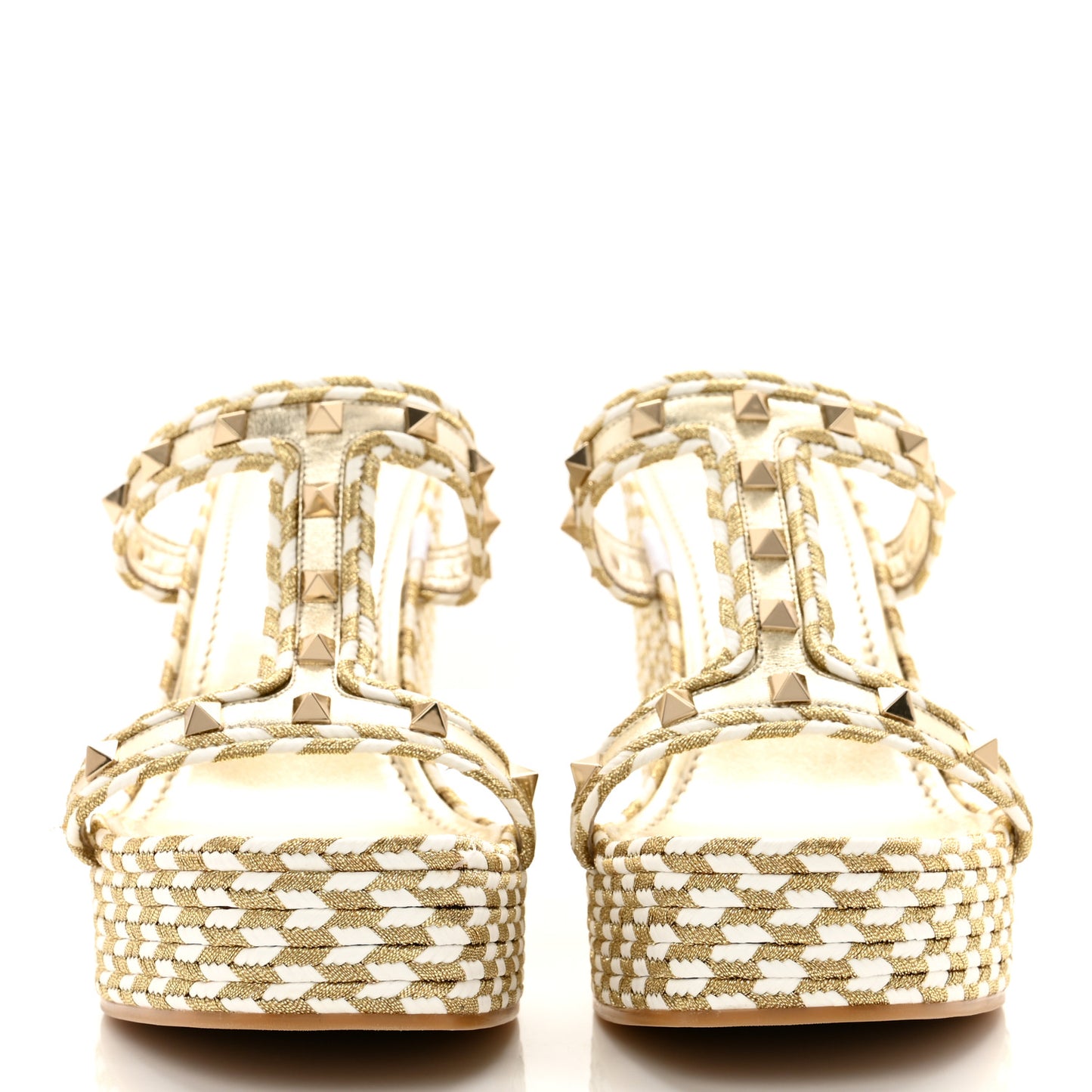 Metallic Laminated Nappa Silk Torchon Rockstud Espadrille Wedge 25/90mm Slide Sandals 40 White Platino