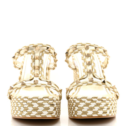 Valentino Garavani Metallic Laminated Nappa Silk Torchon Rockstud Espadrille Wedge 25/90mm Slide Sandals 40 White Platino 3 of 9