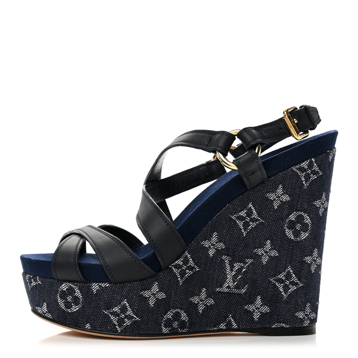 Louis Vuitton Calfskin Monogram Denim Ocean Wedge Sandals 38.5 Blue 1 of 11