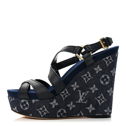 Louis Vuitton Calfskin Monogram Denim Ocean Wedge Sandals 38.5 Blue 1 of 11