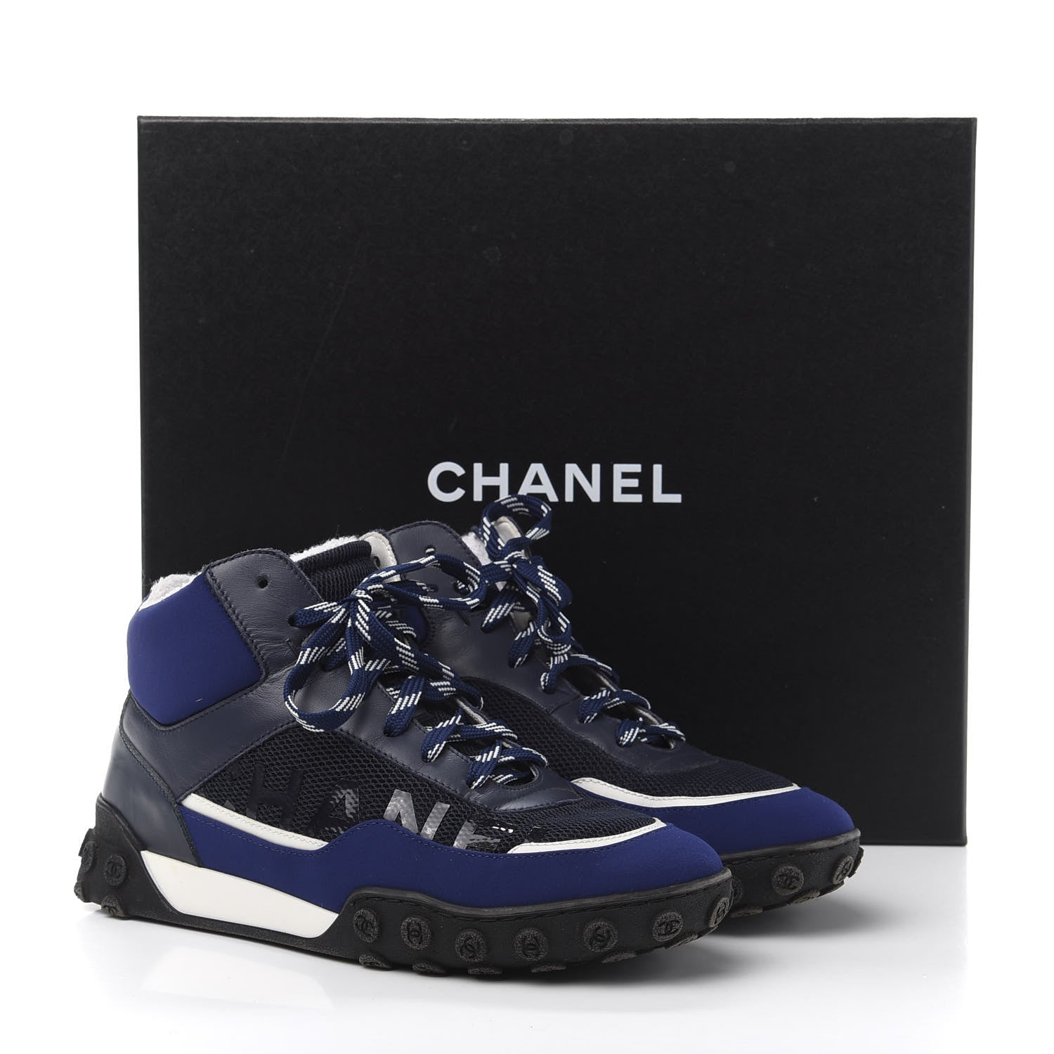 Chanel Calfskin Mesh Lycra Womens Logo High Top Sneakers 36.5 Blue 10 of 10