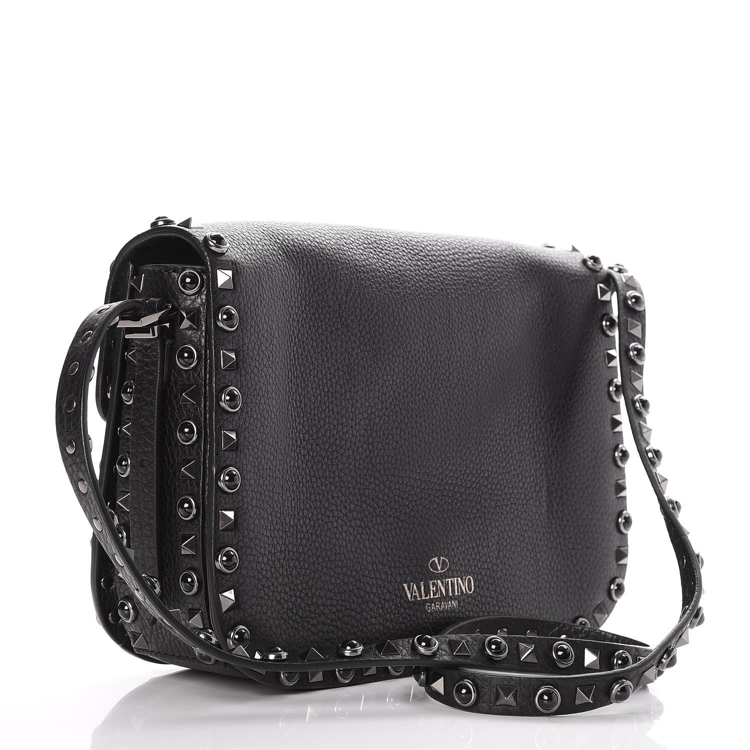 Valentino Garavani Pebbled Calfskin Onyx Medium Rockstud Rolling Flap Saddle Bag Black 3 of 7