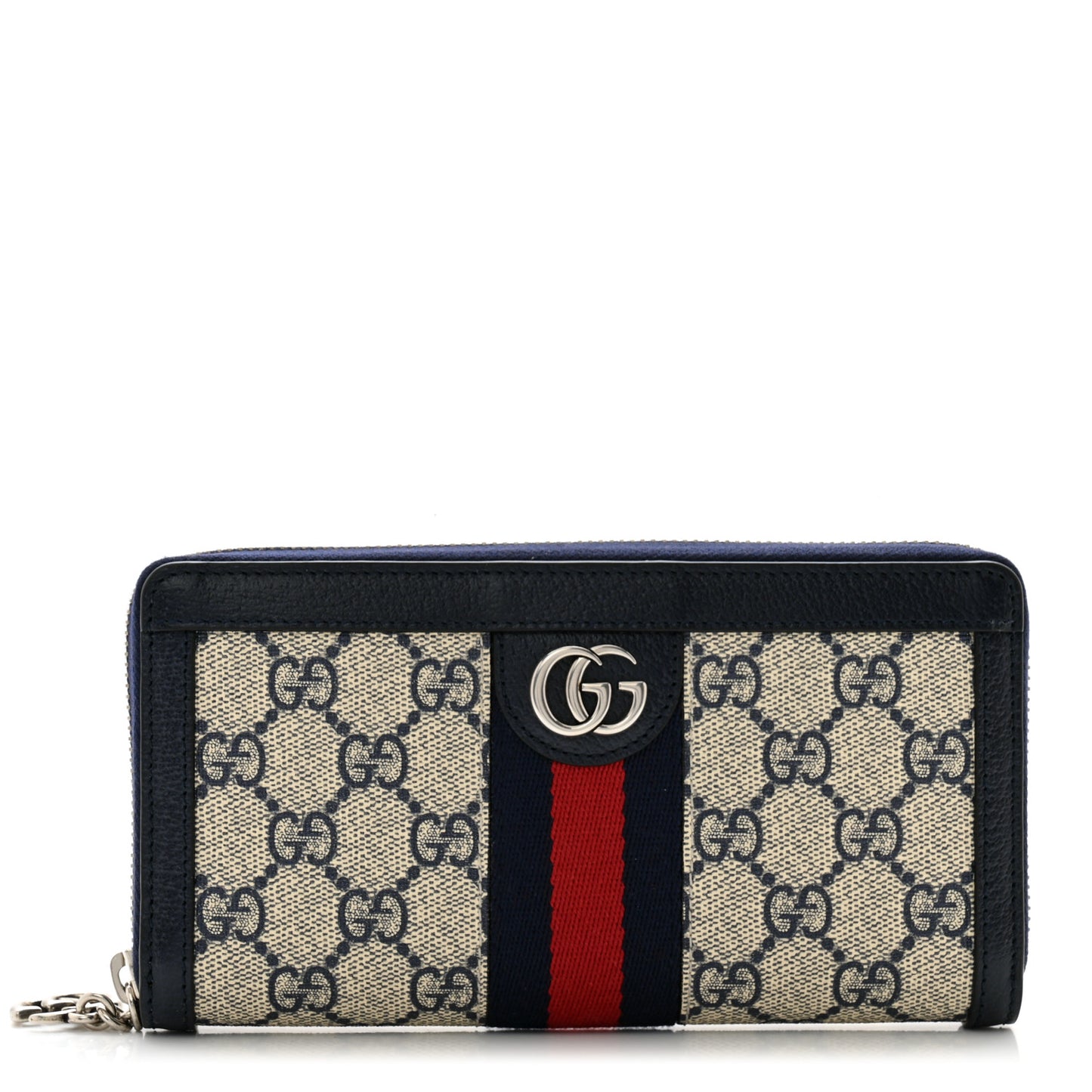 GG Supreme Monogram Textured Dollar Calfskin Web Ophidia Zip Around Wallet Beige Blue