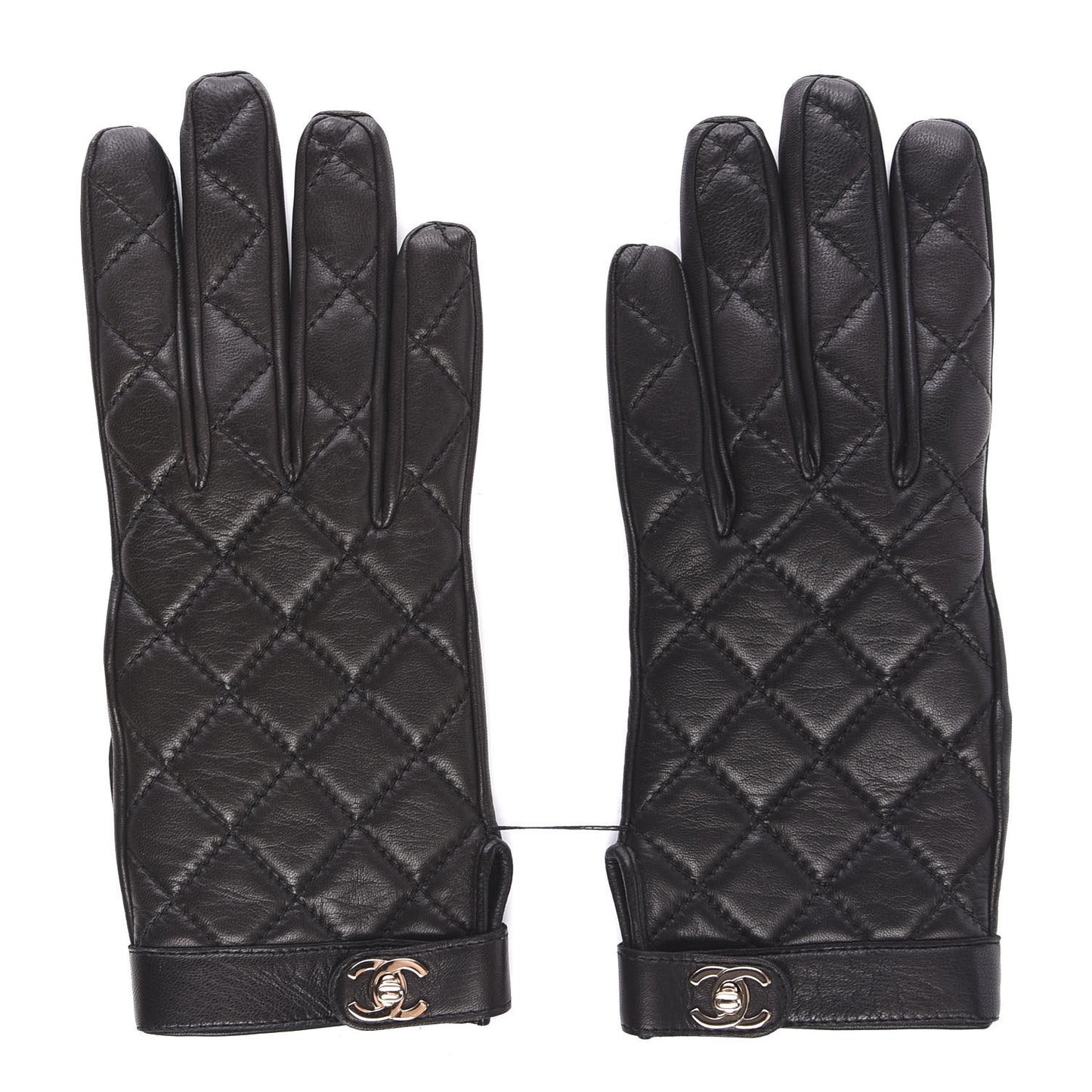 Lambskin Quilted Turnlock Gloves 7 Black