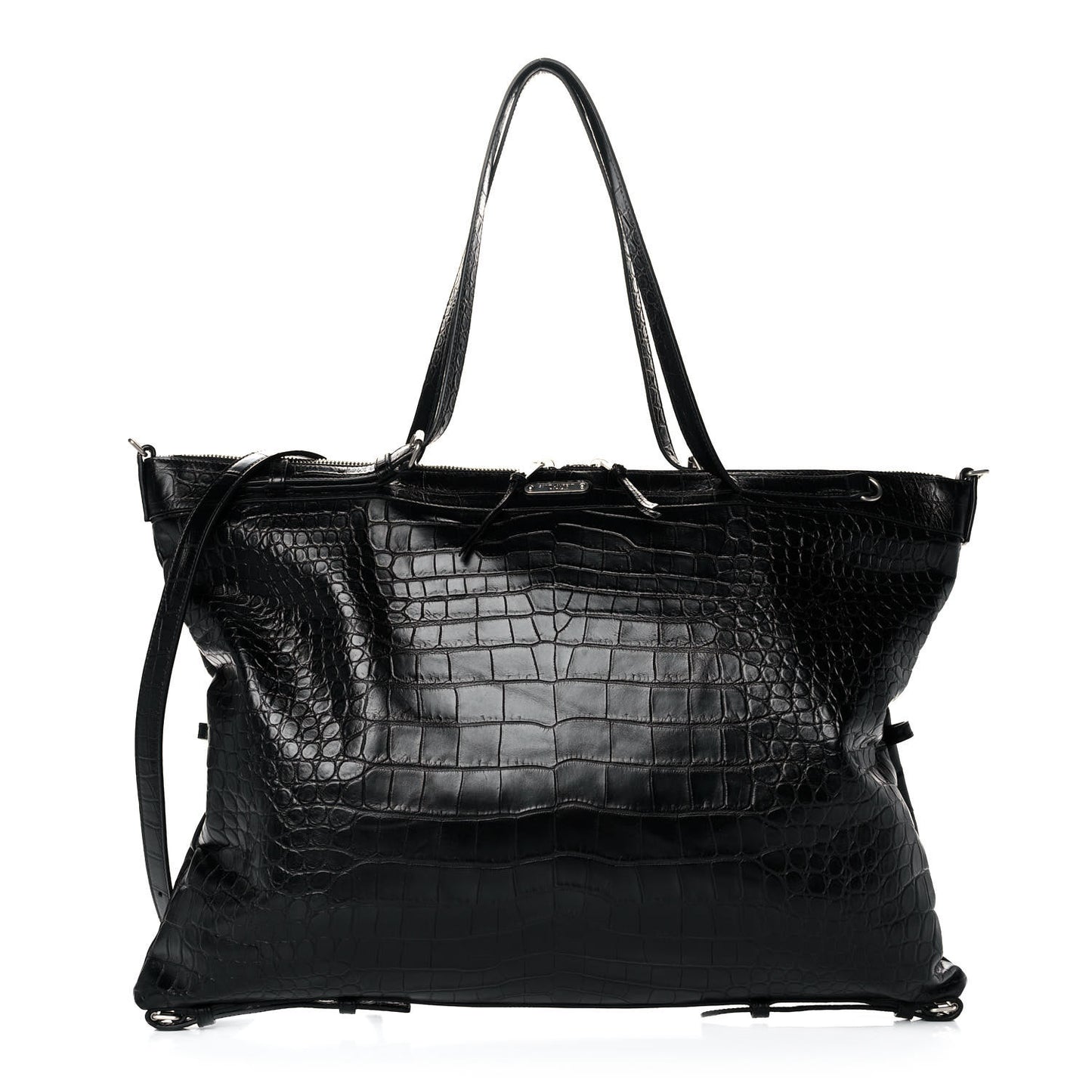 Calfskin Crocodile Embossed Large Convertible ID Bag Black