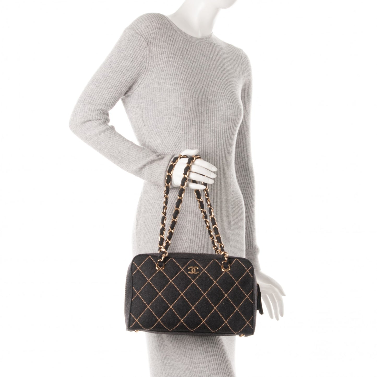 Wool Contrast Stitch Surpique Shoulder Bag Charcoal