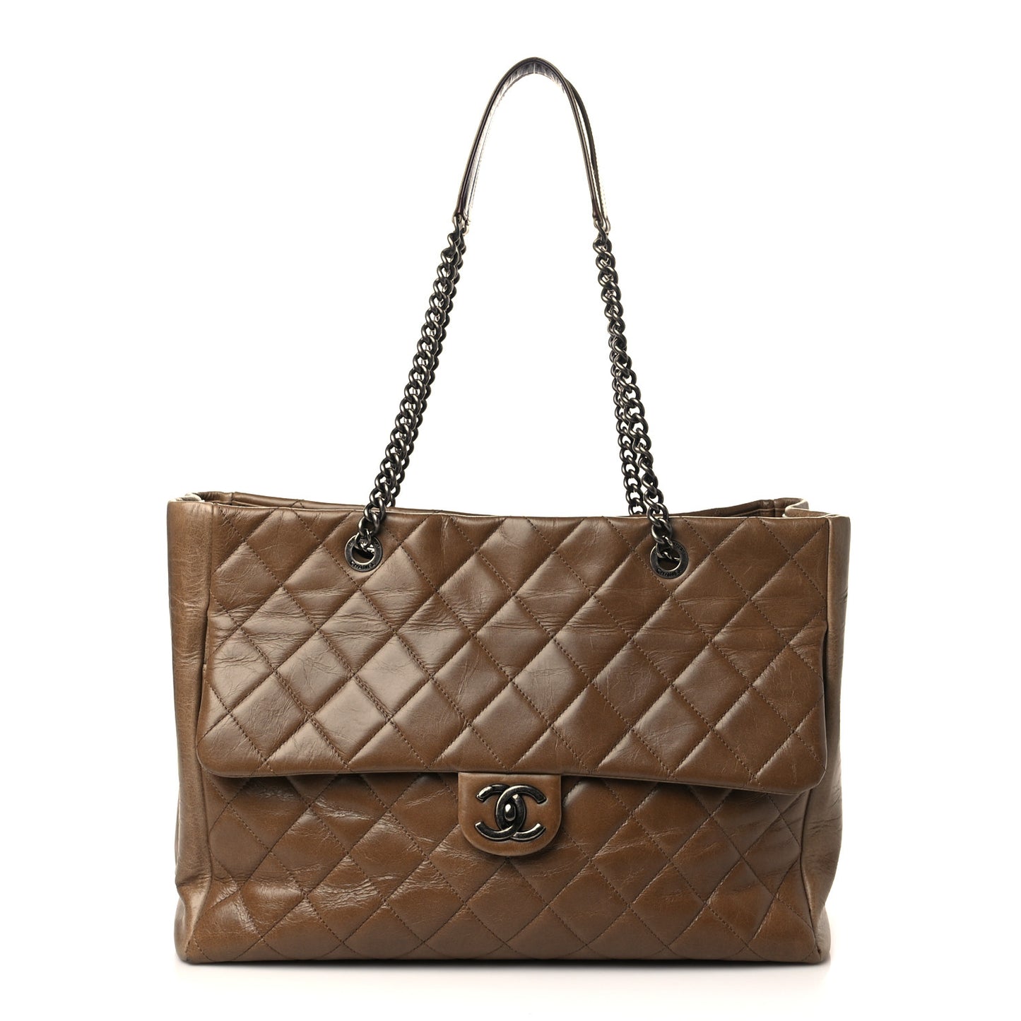 Glazed Calfskin Quilted Large Front Flap Tote Dark Beige