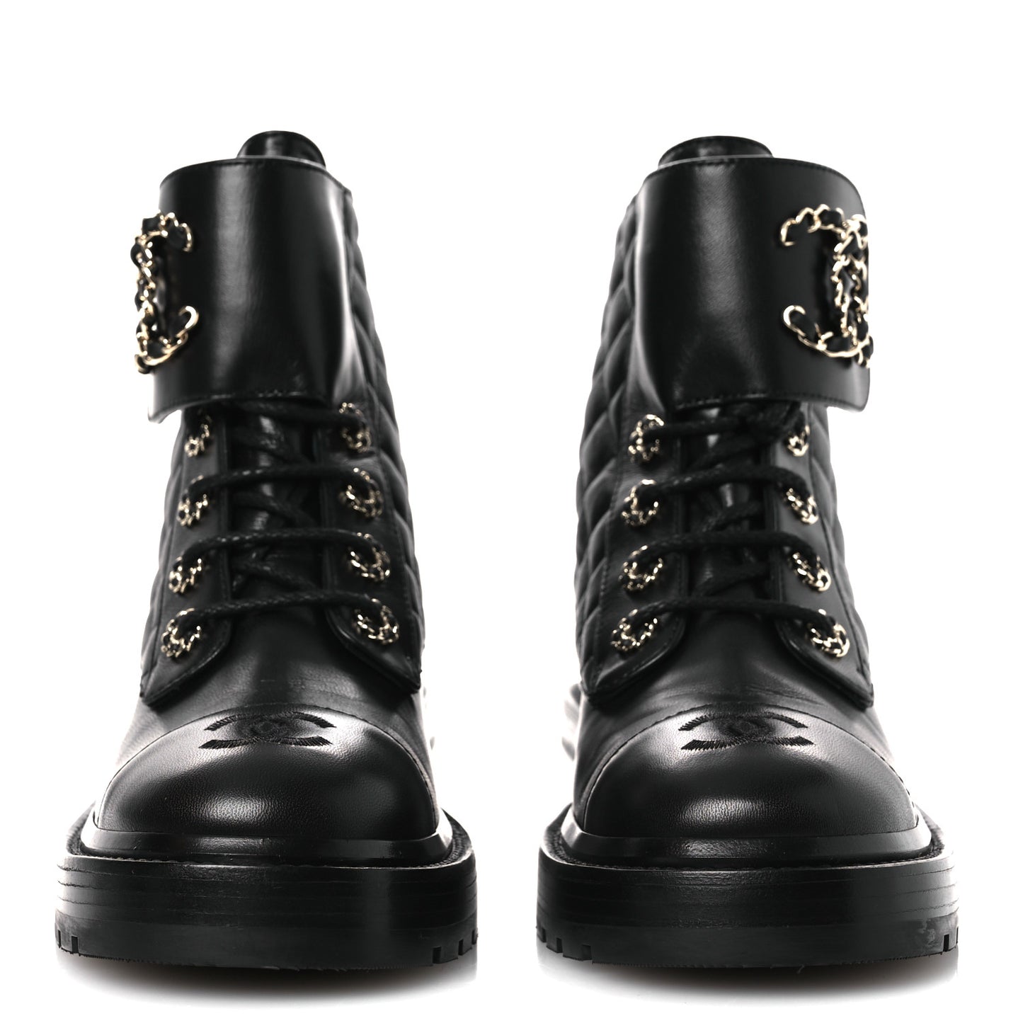 Shiny Lambskin Quilted Lace Up Combat Boots 37 Black