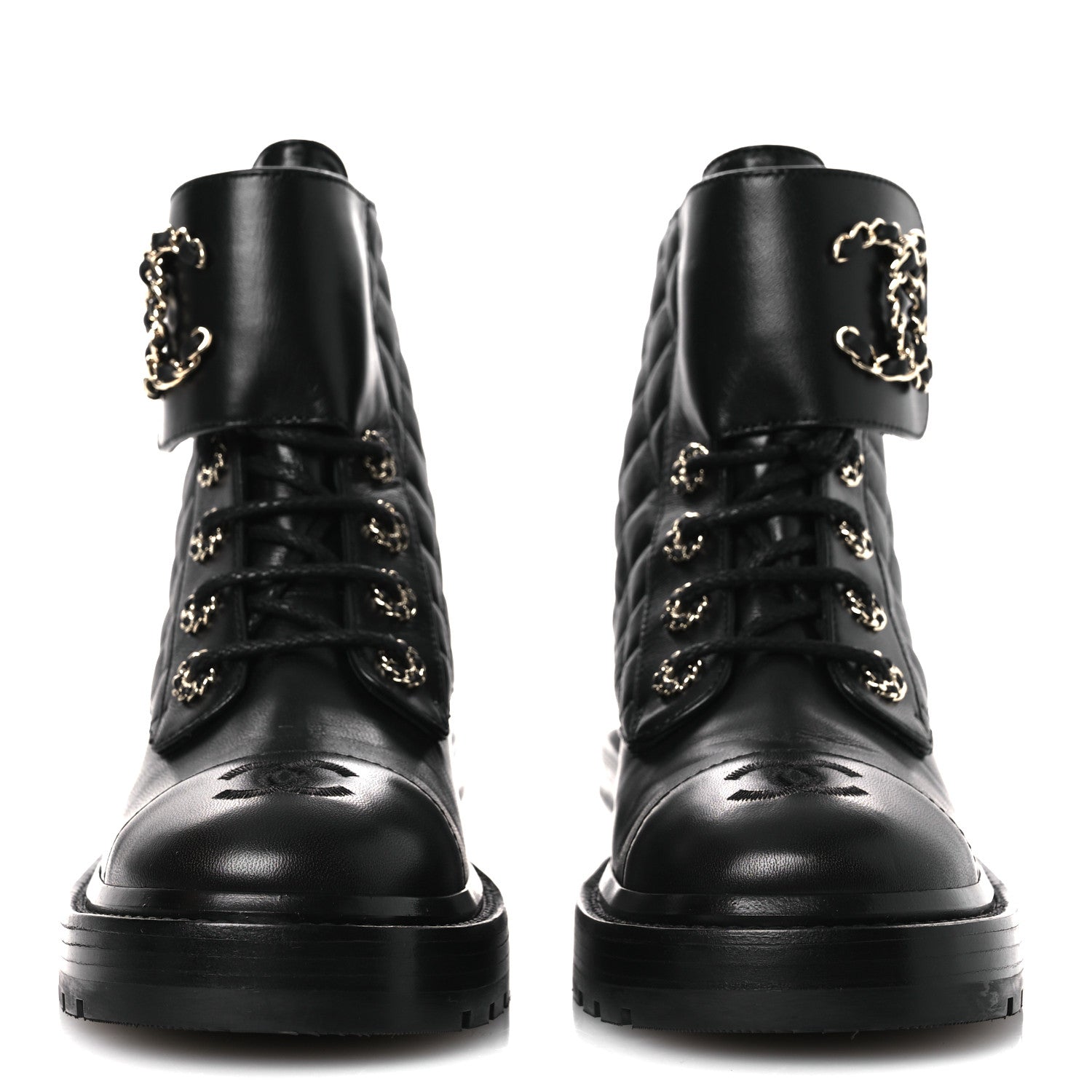 Chanel Shiny Lambskin Quilted Lace Up Combat Boots 37 Black 3 of 11