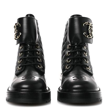Chanel Shiny Lambskin Quilted Lace Up Combat Boots 37 Black 3 of 11