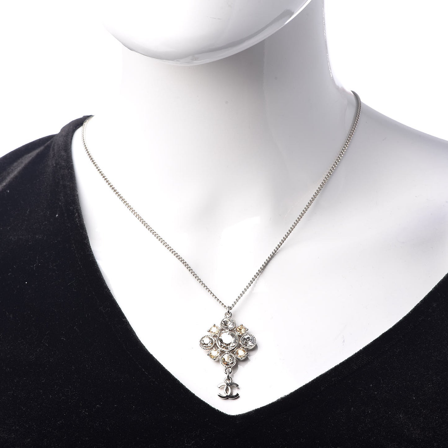 Crystal CC Drop Pendant Necklace Silver