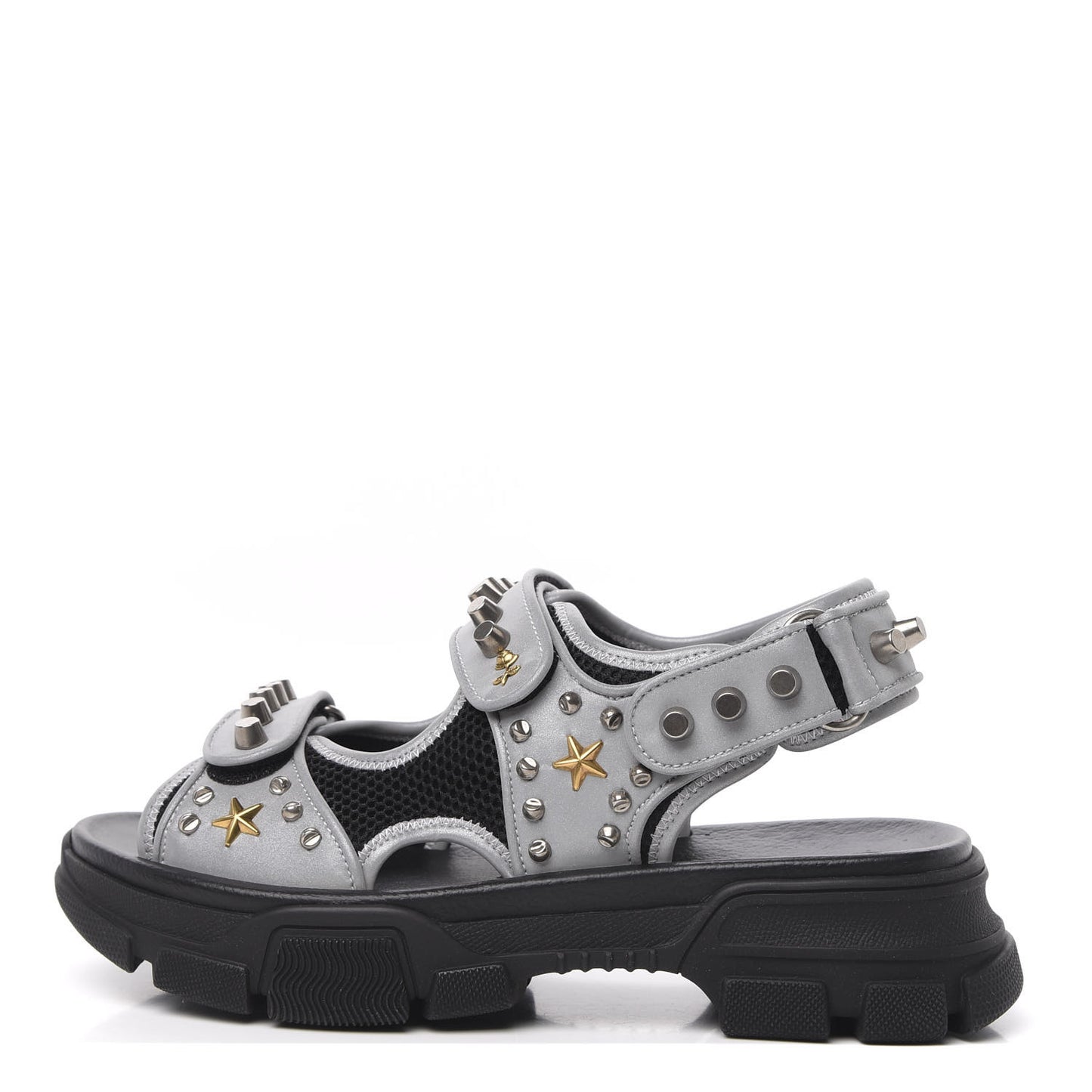 Technical Canvas Calfskin Reflective Studded Mens Aguru Sandals 7 Silver Black