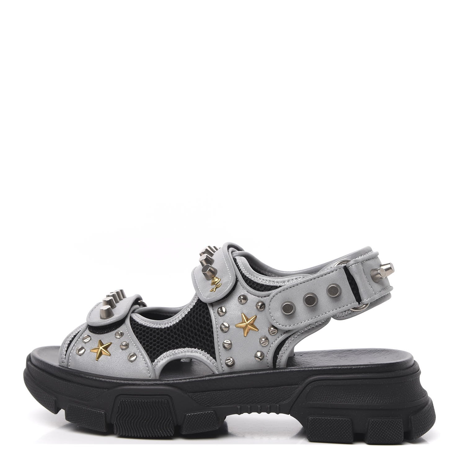 Gucci Technical Canvas Calfskin Reflective Studded Mens Aguru Sandals 7 Silver Black 1 of 7