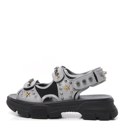 Gucci Technical Canvas Calfskin Reflective Studded Mens Aguru Sandals 7 Silver Black 1 of 7