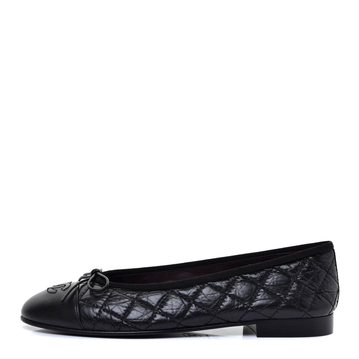 Aged Calfskin Quilted Cap Toe Ballerina Flats 37.5 Black