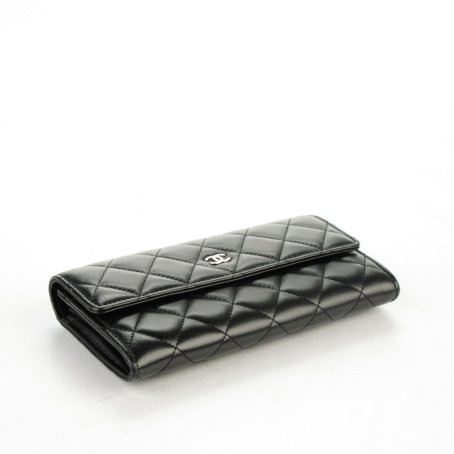 Lambskin Quilted Large Gusset Flap Wallet Black