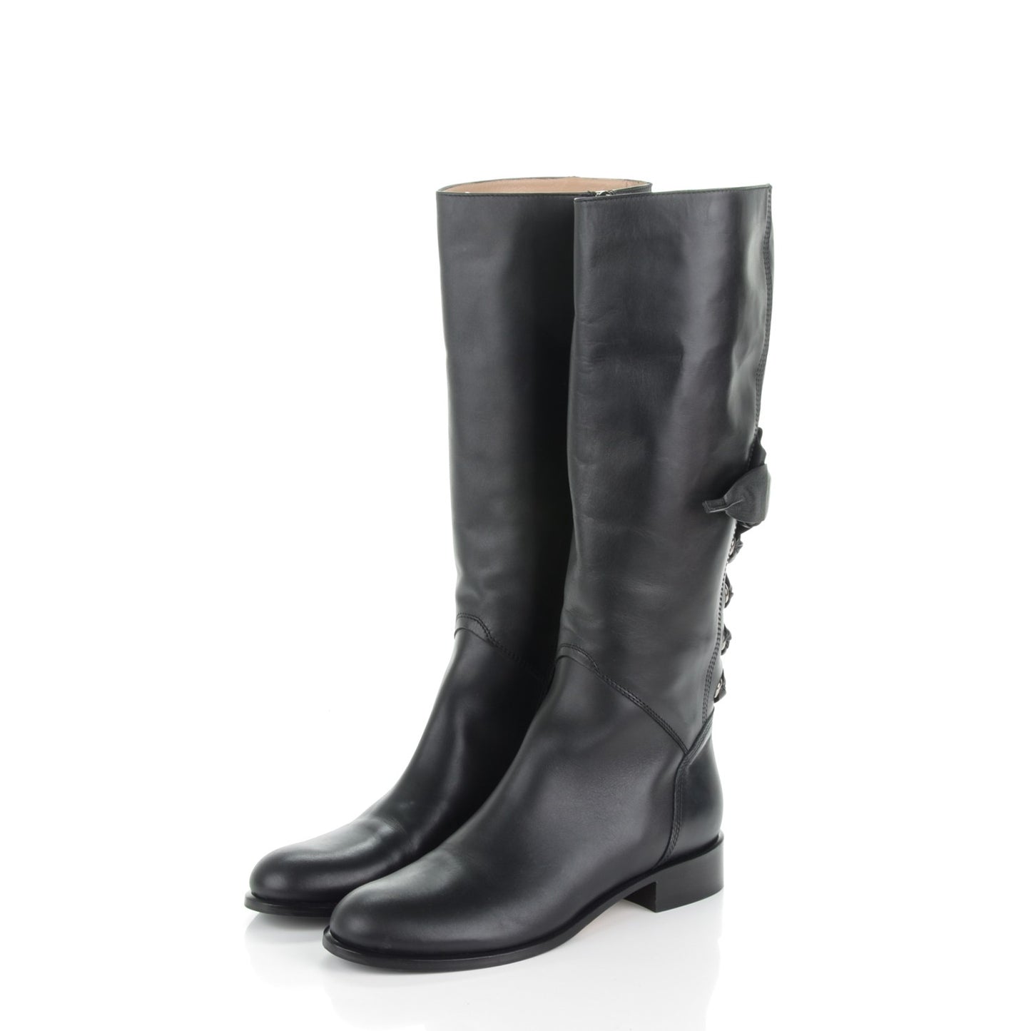 Soft Nappa Ascot Ribbon Lace-Up Riding Boots 40 Black