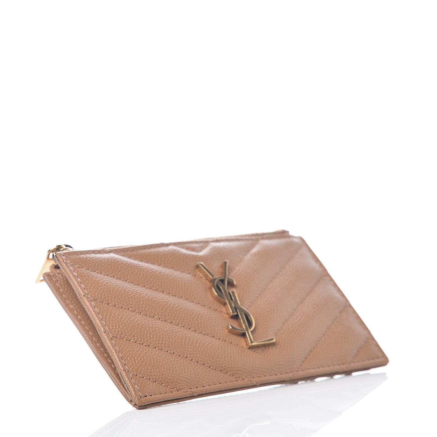 Saint Laurent Grain De Poudre Matelasse Chevron Monogram Fragments Zippered Card Case Cork 3 of 5