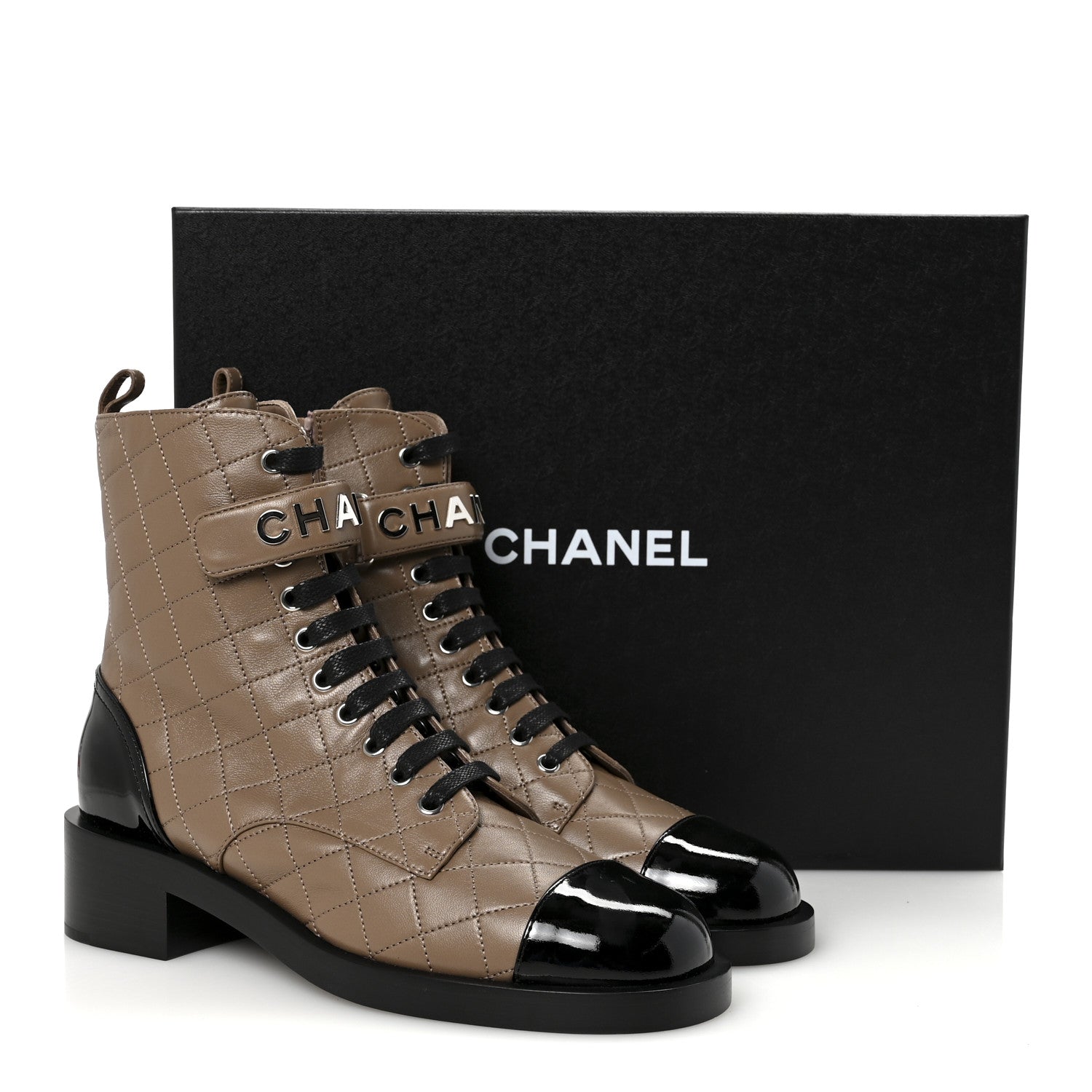 Chanel Lambskin Patent Calfskin Quilted Logo Lace Up Combat Boots 40.5 Light Gray Black 10 of 10